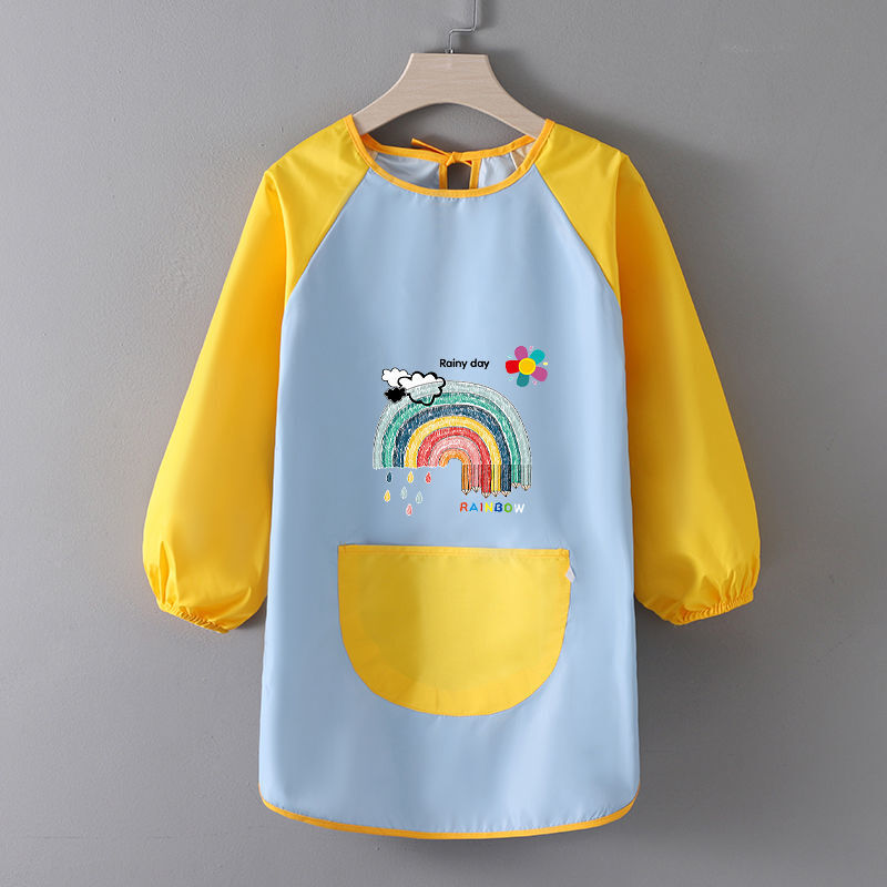 兒童圍裙畫畫衣防水畫畫圍裙兒童畫畫罩衣中大童柔軟防水長款罩衣幼兒園定制印字圍裙反穿衣畫室美術畫畫衣 墨綠拼黑(泰迪熊) 小號【建議身高80-105CM】